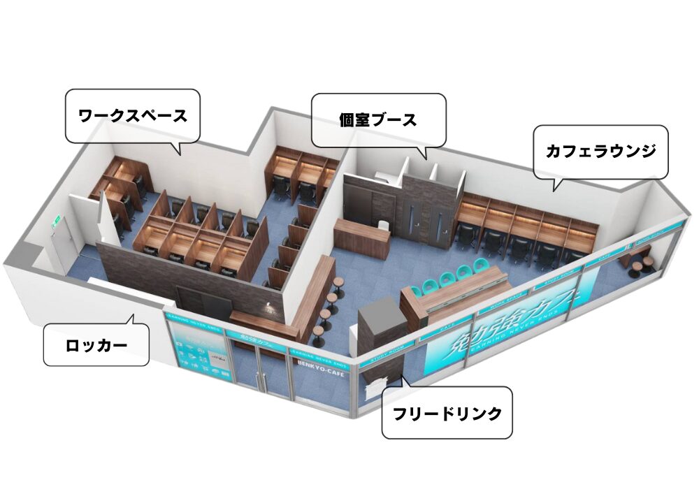 勉強カフェ堺なかもず｜自習室より勉強カフェパース図